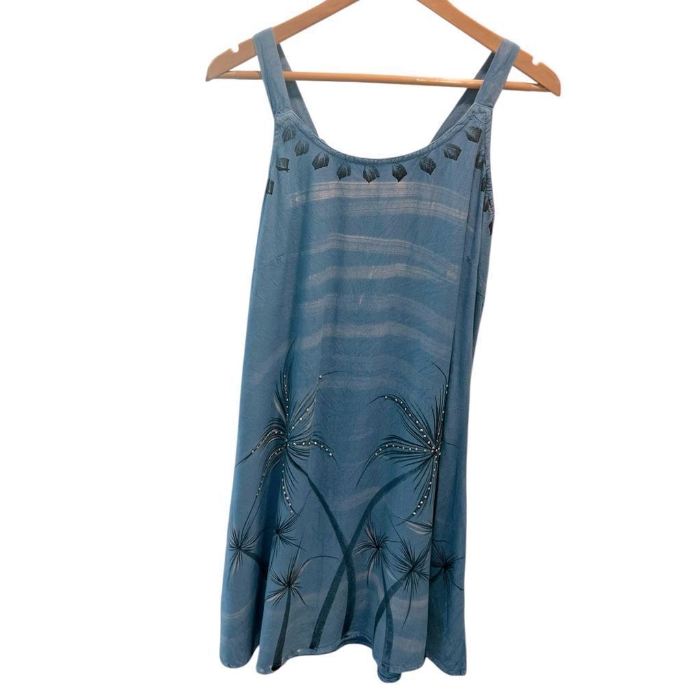 RayaSun Boho Blue Sleeveless Sundress Palm Print Embellished Hem Size Medium